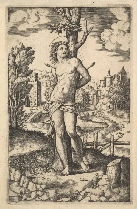 Framed Print : Saint Sebastian tied to a tree pierced by arrows, 1530-60. Creator: Master of the Die Framed Print : Saint Sebastian tied to a tree pierced by arrows, 1530-60. Creator: Master of the Die