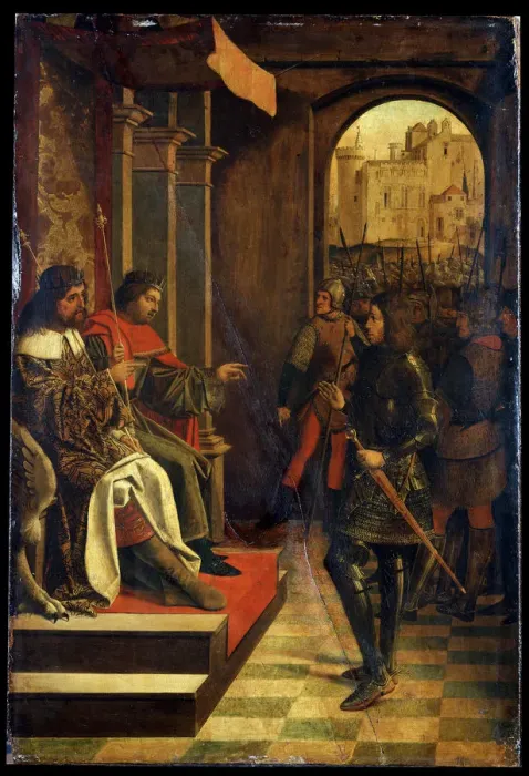 Framed Print : Saint Sebastien before the Emperors Diokletian and Maximian, late 15th century. Artist: Josse Lieferinxe Framed Print : Saint Sebastien before the Emperors Diokletian and Maximian, late 15th century. Artist: Josse Lieferinxe