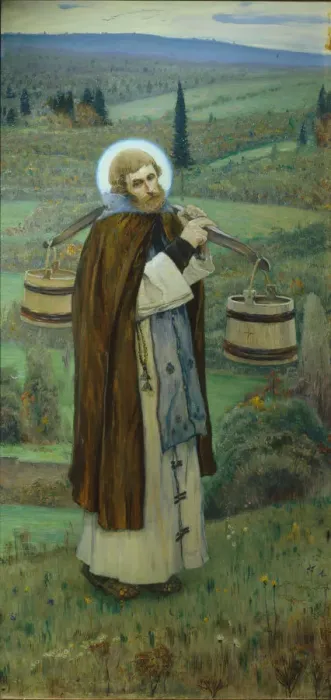 Framed Print : Saint Sergius labours (Triptych, Left part), 1896. Artist: Nesterov, Mikhail Vasilyevich (1862-1942) Framed Print : Saint Sergius labours (Triptych, Left part), 1896. Artist: Nesterov, Mikhail Vasilyevich (1862-1942)