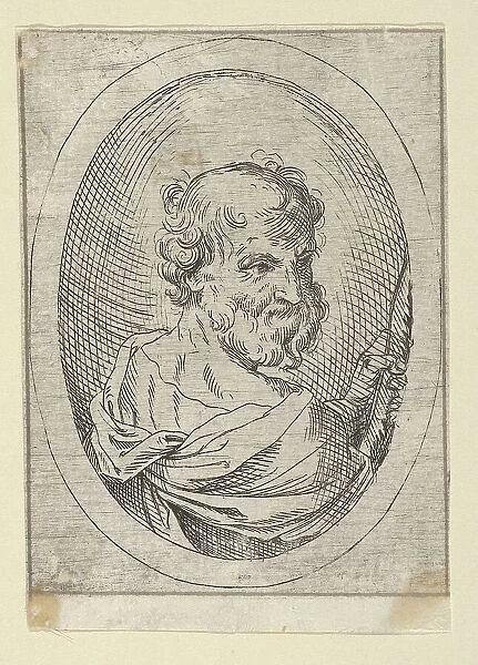 Saint Simon seen from behind, turning to the right and holding a saw, in an oval frame, 1600-1640. Creator: Anon