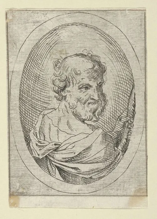 Framed Print : Saint Simon seen from behind, turning to the right and holding a saw, in an oval frame, 1600-1640. Creator: Anon Framed Print : Saint Simon seen from behind, turning to the right and holding a saw, in an oval frame, 1600-1640. Creator: Anon