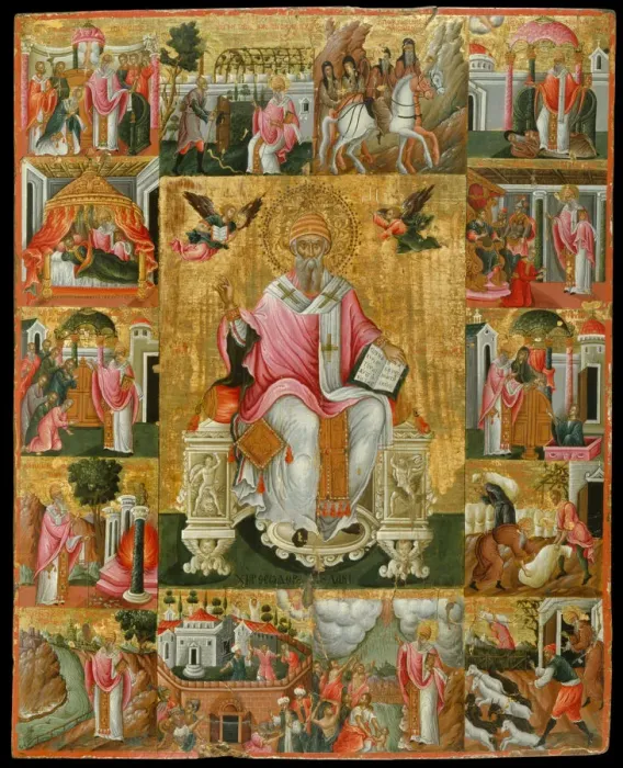 Framed Print : Saint Spyridon, Bishop of Trimythous with scenes from his life, Second Half of the 17th cen Artist: Poulakis, Theodore (1622-1692) Framed Print : Saint Spyridon, Bishop of Trimythous with scenes from his life, Second Half of the 17th cen Artist: Poulakis, Theodore (1622-1692)