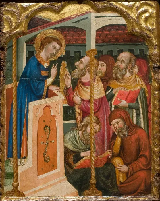 Framed Print : Saint Stephens Dispute with the Jews, ca 1350. Artist: Ferrer and Arnau Bassa, (Circle) (active 1340-1360) Framed Print : Saint Stephens Dispute with the Jews, ca 1350. Artist: Ferrer and Arnau Bassa, (Circle) (active 1340-1360)
