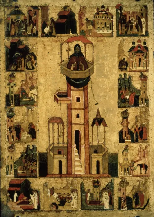 Framed Print : Saint Symeon the Stylite with Scenes from His Life, 16th century. Artist: Russian icon Framed Print : Saint Symeon the Stylite with Scenes from His Life, 16th century. Artist: Russian icon