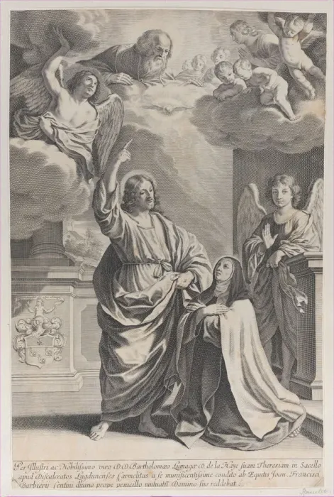 Framed Print : Saint Theresa praying alongside Christ, who points upwards to God the Father Framed Print : Saint Theresa praying alongside Christ, who points upwards to God the Father