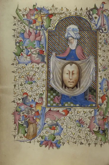 Framed Print : Saint Veronica Displaying the Sudarium; Book of Hours, about 1450-1455. Creator: Master of Guillebert de Mets Framed Print : Saint Veronica Displaying the Sudarium; Book of Hours, about 1450-1455. Creator: Master of Guillebert de Mets