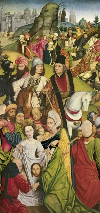 Framed Print : Saint Veronica and a Group of Knights. Artist: Baegert, Derick (ca 1440-after 1502) Framed Print : Saint Veronica and a Group of Knights. Artist: Baegert, Derick (ca 1440-after 1502)