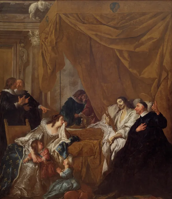 Framed Print : Saint Vincent de Paul at the Deathbed of Louis XIII, 1731. Creator: Troy, Jean-Francois de (1679-1752) Framed Print : Saint Vincent de Paul at the Deathbed of Louis XIII, 1731. Creator: Troy, Jean-Francois de (1679-1752)