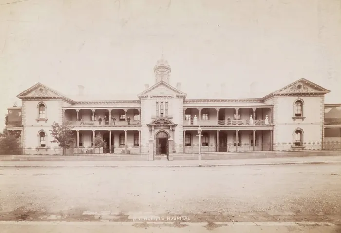 Framed Print : Saint Vincent's Hospital, Sydney: exterior, [between 1880 and 1889?]. Creator: Charles Bayliss. Saint Vincent's Hospital, Sydney: exterior, [between 1880 and 1889?]