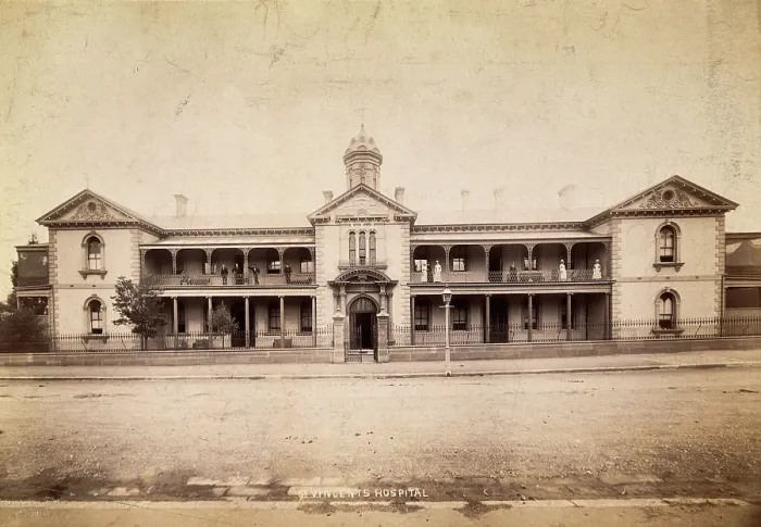 Framed Print : Saint Vincent's Hospital, Sydney: exterior, [between 1880 and 1889?]. Creator: Charles Bayliss. Saint Vincent's Hospital, Sydney: exterior, [between 1880 and 1889?]