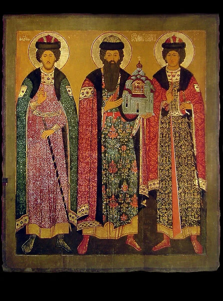 Saint Vsevolod Mstislavich, Prince of Pskov with Saints Boris and Gleb, Early 17th cen Artist: Russian icon