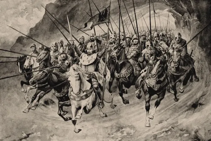 Framed Print : Saint Wenceslas and his Blanik knights set off from the mountain. Illustration from Stare povesti ce Framed Print : Saint Wenceslas and his Blanik knights set off from the mountain. Illustration from Stare povesti ce