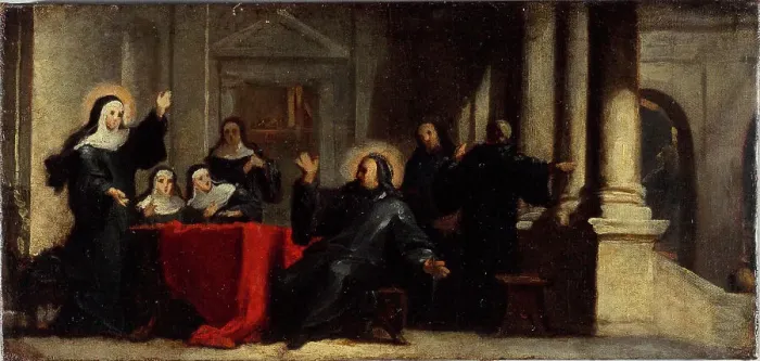 Framed Print : Sainte Scolastique obtenant du ciel une pluie accompagnée de tonnerre pour empêcher saint... c1706. Creator: Louis Galloche Framed Print : Sainte Scolastique obtenant du ciel une pluie accompagnée de tonnerre pour empêcher saint... c1706. Creator: Louis Galloche