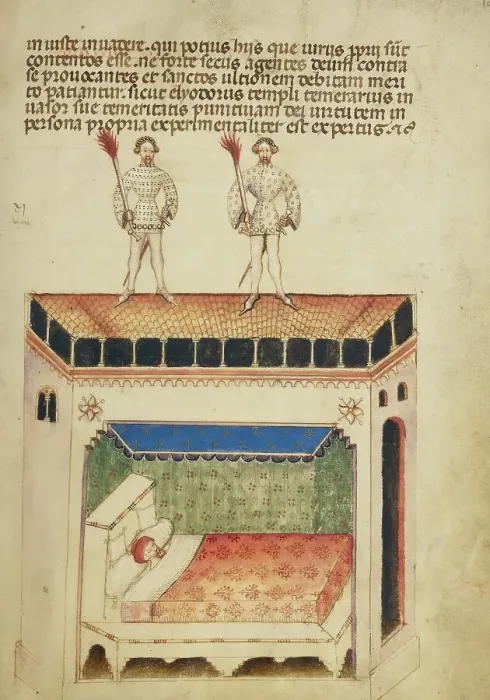 Framed Print : Saints Aimo and Vermondo Standing on the Roof of the House of One of the Monastery's... about 1400. Creator: Anovelo da Imbonate Framed Print : Saints Aimo and Vermondo Standing on the Roof of the House of One of the Monastery's... about 1400. Creator: Anovelo da Imbonate