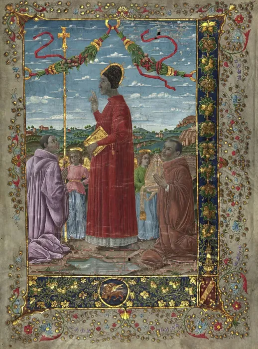 Framed Print : Saints with attendants, 20th-century painting on 14th-century antiphonary. Creator: Venetian Forger Framed Print : Saints with attendants, 20th-century painting on 14th-century antiphonary. Creator: Venetian Forger