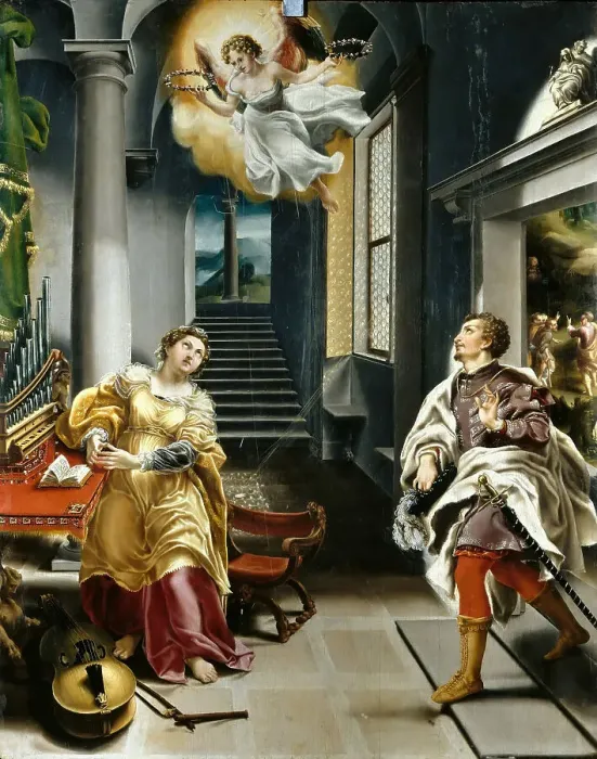 Framed Print : Saints Cecilia and Valerian, 16th century. Creator: Orsi, Lelio (1511-1587) Framed Print : Saints Cecilia and Valerian, 16th century. Creator: Orsi, Lelio (1511-1587)