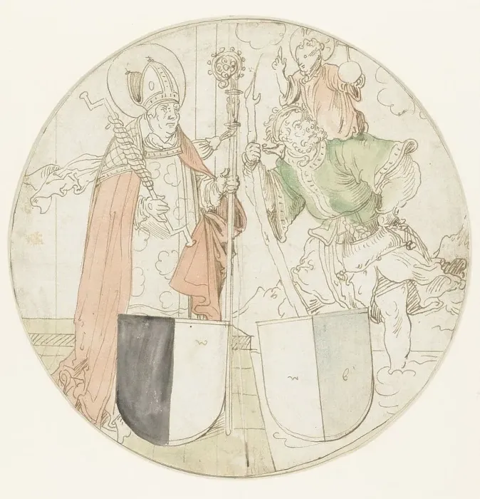 Framed Print : Saints Christophorus and Erasmus, each with a coat of arms, 1510-1550. Creator: Sebald Beham Framed Print : Saints Christophorus and Erasmus, each with a coat of arms, 1510-1550. Creator: Sebald Beham