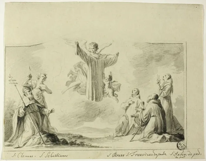Framed Print : Saints Clement, Sebastian, Bruno, Francis of Paula, Anthony of Padua Worshipping... n.d. Creator: Crispijn de Passe Framed Print : Saints Clement, Sebastian, Bruno, Francis of Paula, Anthony of Padua Worshipping... n.d. Creator: Crispijn de Passe