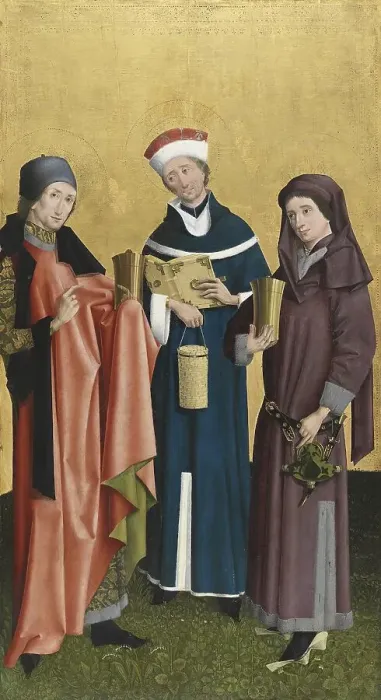 Framed Print : Saints Cosmas, Damian and Pantaleon, 1455. Creator: Master of the Vision of Saint John Framed Print : Saints Cosmas, Damian and Pantaleon, 1455. Creator: Master of the Vision of Saint John