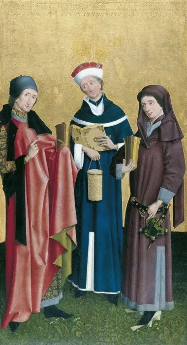 Framed Print : Saints Cosmas, Damian and Pantaleon. Artist: Master of Cologne (active ca 1500) Framed Print : Saints Cosmas, Damian and Pantaleon. Artist: Master of Cologne (active ca 1500)