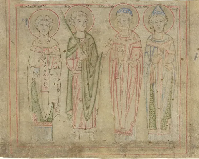 Framed Print : Saints Cyprian, Vitus, Stephen, and Cornelius, third quarter 12th century. Creator: Unknown Framed Print : Saints Cyprian, Vitus, Stephen, and Cornelius, third quarter 12th century. Creator: Unknown