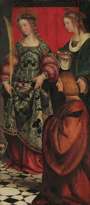 Framed Print : Saints Dorothy and Lucy with a Donator, 1508. Creator: Giovenone, Gerolamo (1490-1555) Framed Print : Saints Dorothy and Lucy with a Donator, 1508. Creator: Giovenone, Gerolamo (1490-1555)