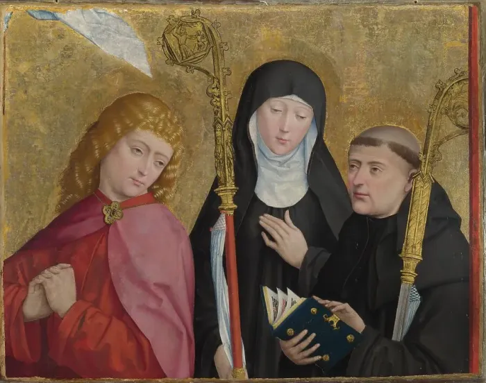 Framed Print : Saints John the Evangelist, Scholastica and Benedict (The Liesborn Altarpiece), ca. 1470-1480. Artist: Master of Liesborn (15th century) Framed Print : Saints John the Evangelist, Scholastica and Benedict (The Liesborn Altarpiece), ca. 1470-1480. Artist: Master of Liesborn (15th century)