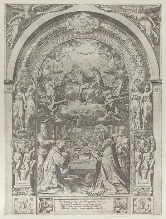 Framed Print : Saints Lawrence, Sixtus, Peter, and Paul adoring the Coronation of the Virgin by Chris... ca. 1576. Creator: Anon Framed Print : Saints Lawrence, Sixtus, Peter, and Paul adoring the Coronation of the Virgin by Chris... ca. 1576. Creator: Anon