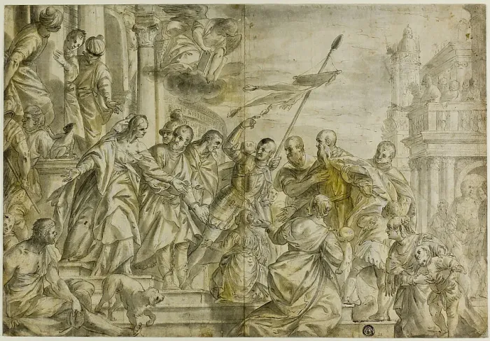 Framed Print : Saints Mark and Marcellian Led to Their Execution, while Comforted by Saint Sebastian, n.d. Creator: Paolo Veronese Framed Print : Saints Mark and Marcellian Led to Their Execution, while Comforted by Saint Sebastian, n.d. Creator: Paolo Veronese
