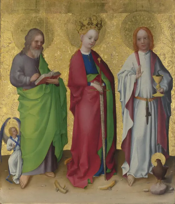 Framed Print : Saints Matthew, Catherine of Alexandria and John the Evangelist, c. 1450. Artist: Lochner, Stephan (ca 1400 / 10-1451) Framed Print : Saints Matthew, Catherine of Alexandria and John the Evangelist, c. 1450. Artist: Lochner, Stephan (ca 1400 / 10-1451)