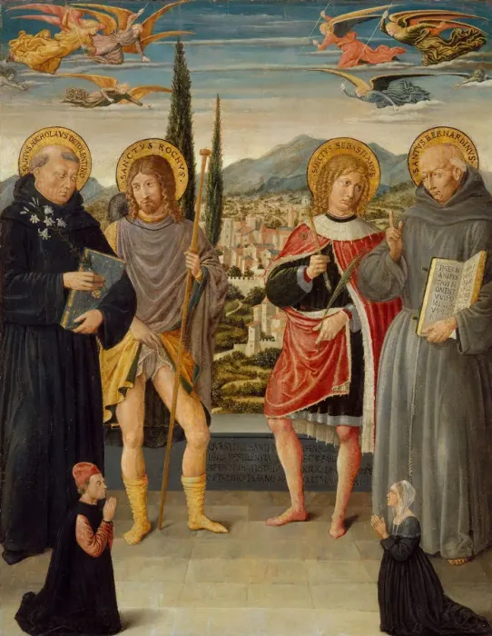 Framed Print : Saints Nicholas of Tolentino, Roch, Sebastian, and Bernardino of Siena... 1481. Creator Framed Print : Saints Nicholas of Tolentino, Roch, Sebastian, and Bernardino of Siena... 1481. Creator