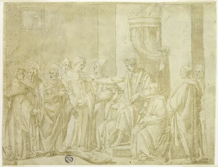 Framed Print : Saints Peter and Paul Disputing with Simon Magus before Nero (recto); Five Scenes from the Story... Creator: Andrea Boscoli Framed Print : Saints Peter and Paul Disputing with Simon Magus before Nero (recto); Five Scenes from the Story... Creator: Andrea Boscoli