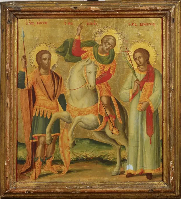 Framed Print : Three Saints, Saint Victor, Saint Menas and Saint Vincent, Cretan icon, 1730-1770. Creator: Unknown Framed Print : Three Saints, Saint Victor, Saint Menas and Saint Vincent, Cretan icon, 1730-1770. Creator: Unknown