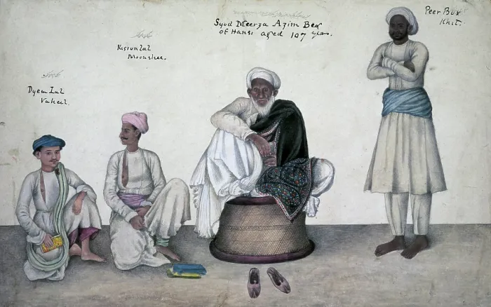 Framed Print : Saiyid Mirza Azim Beg of Hansi seated on a cane-stool with Dai Lal Vakil Kisan, c1815-c1827. Creator: Ghulam Ali Khan Framed Print : Saiyid Mirza Azim Beg of Hansi seated on a cane-stool with Dai Lal Vakil Kisan, c1815-c1827. Creator: Ghulam Ali Khan
