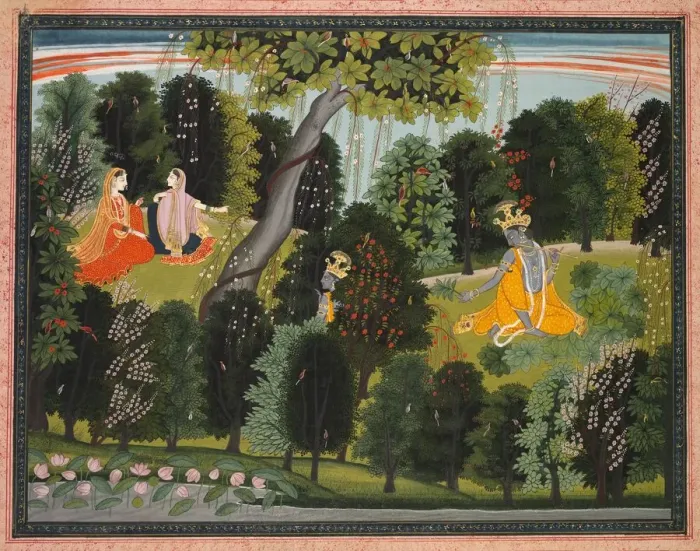 Framed Print : Sakhi Persuades Radha to Meet Krishna, from the Lambagraon Gita Govinda Framed Print : Sakhi Persuades Radha to Meet Krishna, from the Lambagraon Gita Govinda