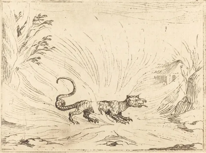 Framed Print : Salamander Surrounded by Flames. Creator: Jacques Callot Framed Print : Salamander Surrounded by Flames. Creator: Jacques Callot