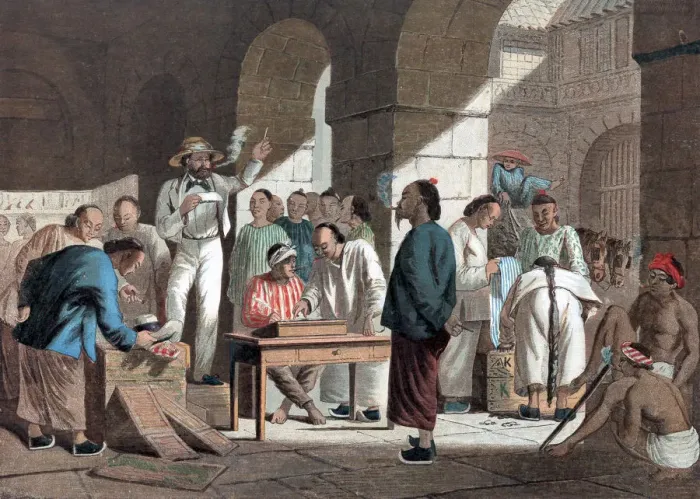 Framed Print : Sale of English goods in Canton, 1858 Framed Print : Sale of English goods in Canton, 1858
