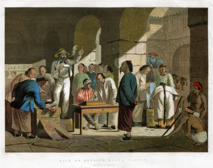Framed Print : Sale of English Goods, Canton, 1858 Framed Print : Sale of English Goods, Canton, 1858