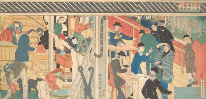 Framed Print : Sales Room at the Foreign Trade Building in Yokohama, 1861. Creator: Sadahide Utagawa Framed Print : Sales Room at the Foreign Trade Building in Yokohama, 1861. Creator: Sadahide Utagawa