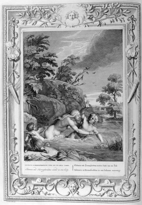 Framed Print : Salmacis and Hemaphroditus united in one body, 1733. Artist: Bernard Picart Framed Print : Salmacis and Hemaphroditus united in one body, 1733. Artist: Bernard Picart
