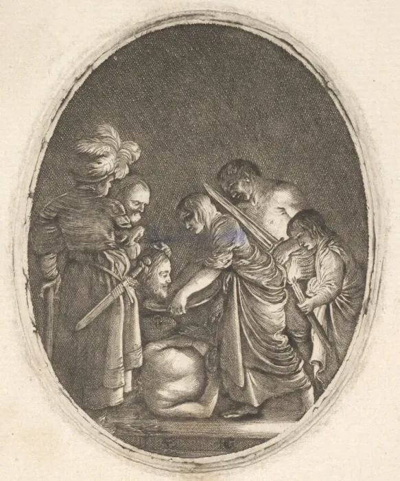 Framed Print : Salome receiving the head of John the Baptist, surrounded by three men and a child bea Framed Print : Salome receiving the head of John the Baptist, surrounded by three men and a child bea