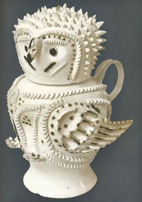 Framed Print : A Salt-Glaze Owl used as a jug, the head for a cup, c1730-c1755, (1913) Framed Print : A Salt-Glaze Owl used as a jug, the head for a cup, c1730-c1755, (1913)