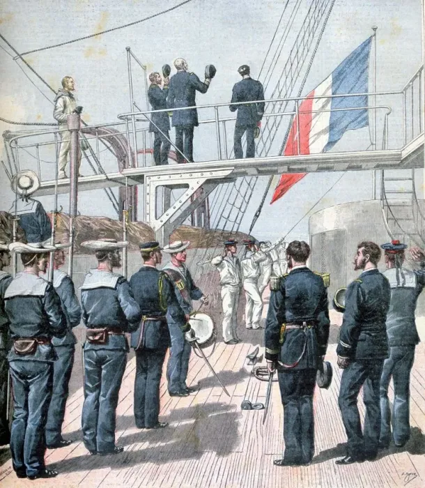 Framed Print : Salute to the flag, French naval manoeuvres, 1891. Artist: Henri Meyer