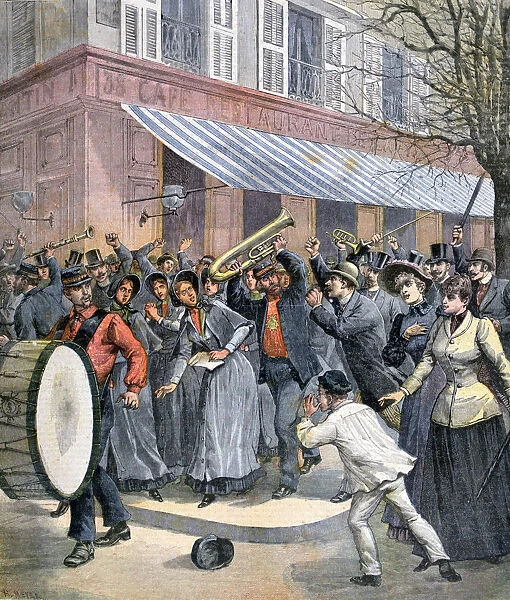 Salvation Army march led by a drummer being barracked by onlookers in Paris, 1892. Artist: Henri Meyer