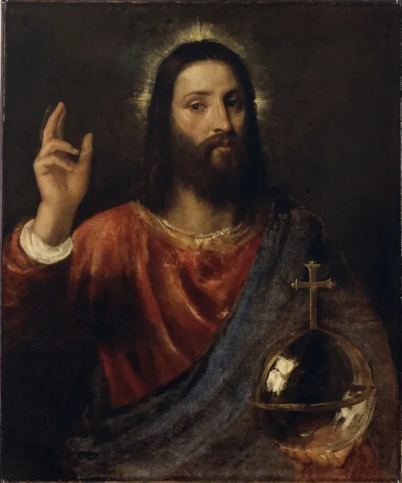 Framed Print : Salvator Mundi (Saviour of the World), c. 1570. Artist: Titian (1488-1576) Framed Print : Salvator Mundi (Saviour of the World), c. 1570. Artist: Titian (1488-1576)