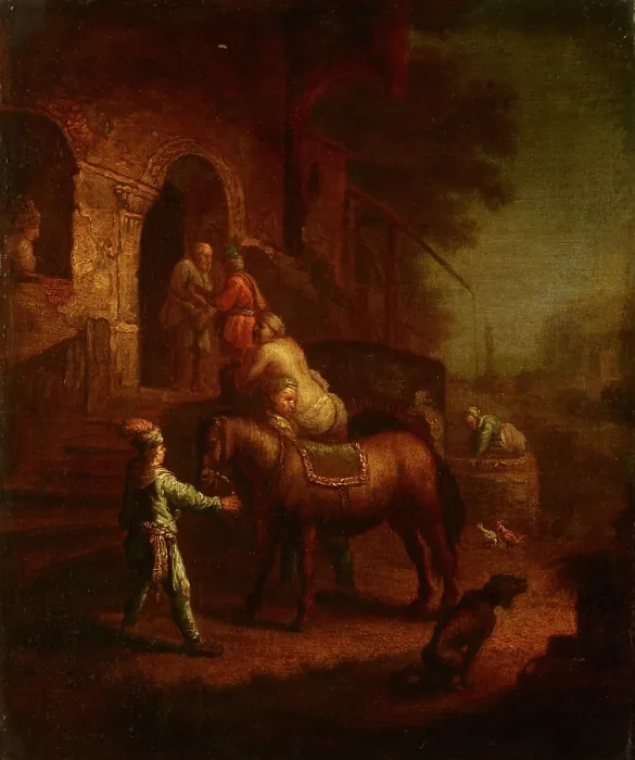 Framed Print : Samaritan Bringing the Wounded Man to the Inn, 18th century. Creator: Unknown Framed Print : Samaritan Bringing the Wounded Man to the Inn, 18th century. Creator: Unknown