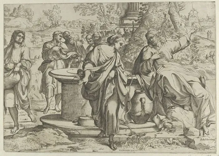 Framed Print : The Samaritan woman standing at the well, Christ seated next to her pointing to the right... 1610. Creator: Anon Framed Print : The Samaritan woman standing at the well, Christ seated next to her pointing to the right... 1610. Creator: Anon