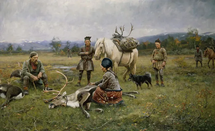 Framed Print : Sami Collecting Reindeer which have Been Shot, 1892. Creator: Johan Tiren Framed Print : Sami Collecting Reindeer which have Been Shot, 1892. Creator: Johan Tiren