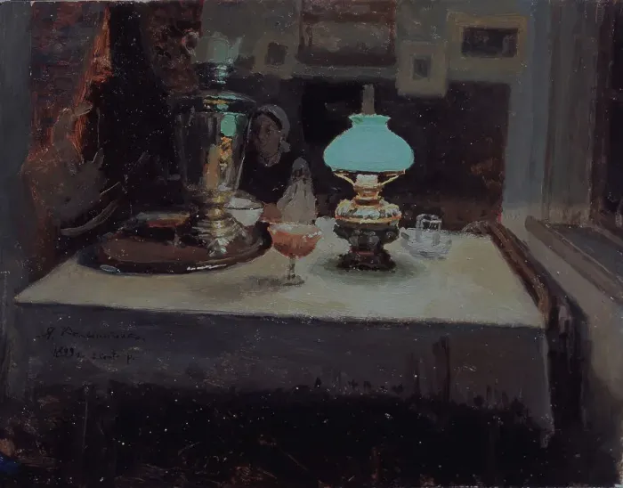 Framed Print : At the samovar, 1899. Artist: Kalinichenko, Jakov Jakovlevich (1869-1938) Framed Print : At the samovar, 1899. Artist: Kalinichenko, Jakov Jakovlevich (1869-1938)