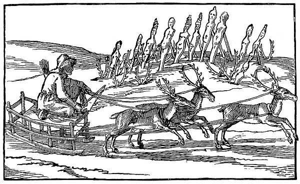 Samoyed travelling on a sleigh pulled by reindeer, late 16th-early 17th century